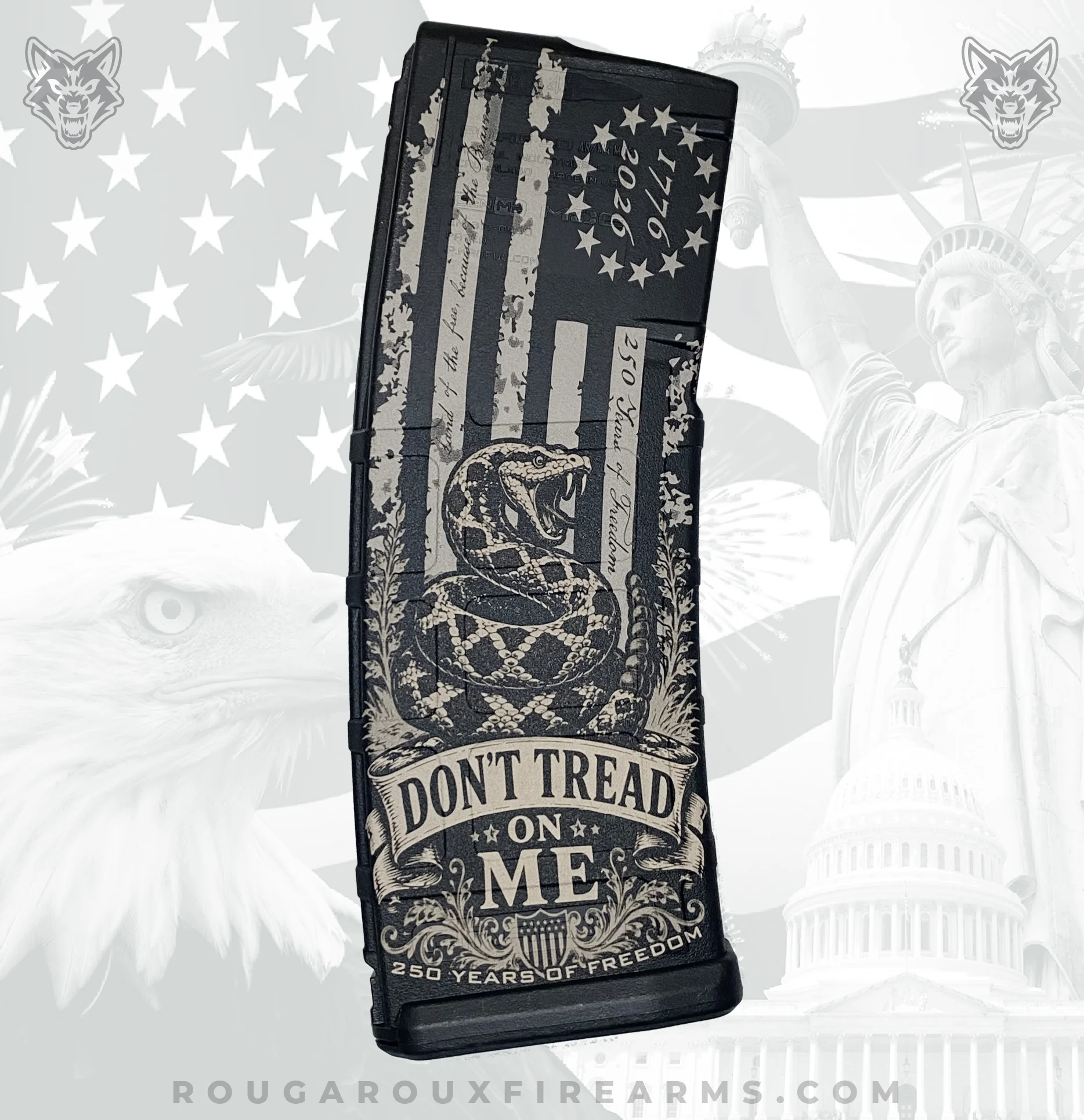 Rougaroux America’s 250th Don’t Tread on Me laser engraved PMAG with rattlesnake patriotic artwork